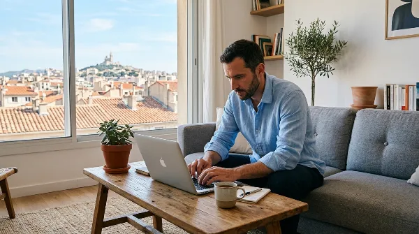 Dépannage informatique à domicile à Marseille 7e, un technicien réparant un ordinateur portable dans un salon.