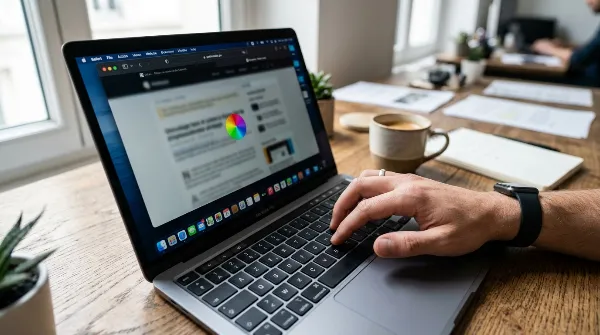 Main tapant sur un clavier d'ordinateur portable avec un écran bloqué.