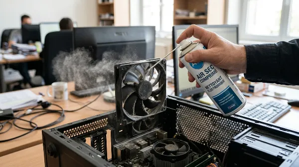 Nettoyage d'un ventilateur d'ordinateur avec une bombe d'air sec pour réduire le bruit.