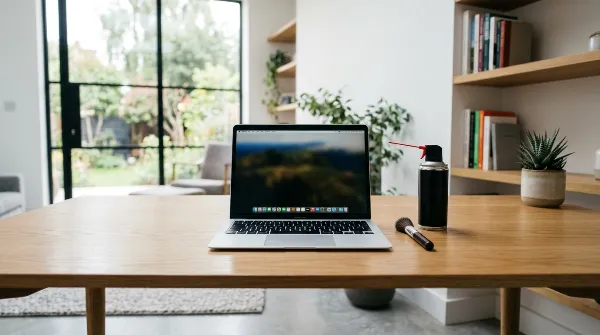 Ordinateur portable propre avec accessoires de nettoyage sur un bureau