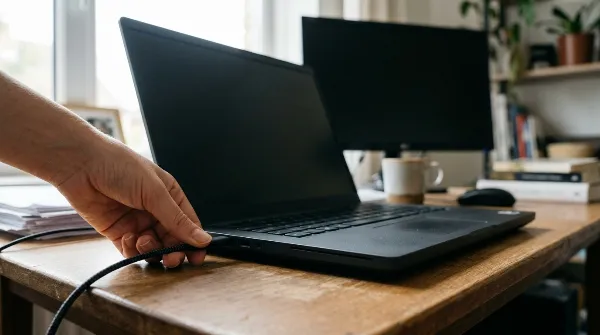Main branchant un câble d'alimentation sur un ordinateur portable noir éteint