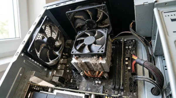 Ventilateur d'ordinateur encrassé par la poussière, cause de surchauffe