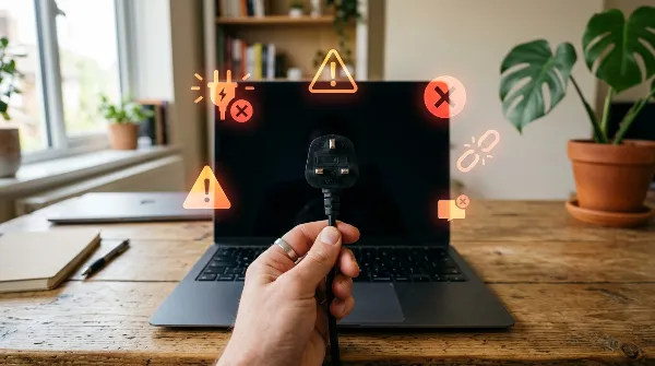 Ordinateur portable éteint avec un câble d'alimentation débranché, symbolisant une panne.
