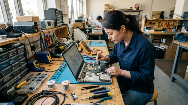 Technicien informatique analysant un ordinateur portable ouvert pour un diagnostic de panne.